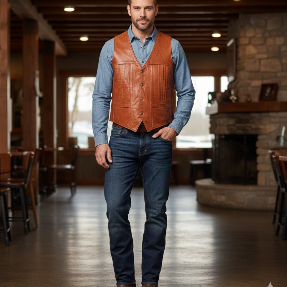 Western Men’s Brown Leather Vest Size 44 Made in Mexico Snap Buttons